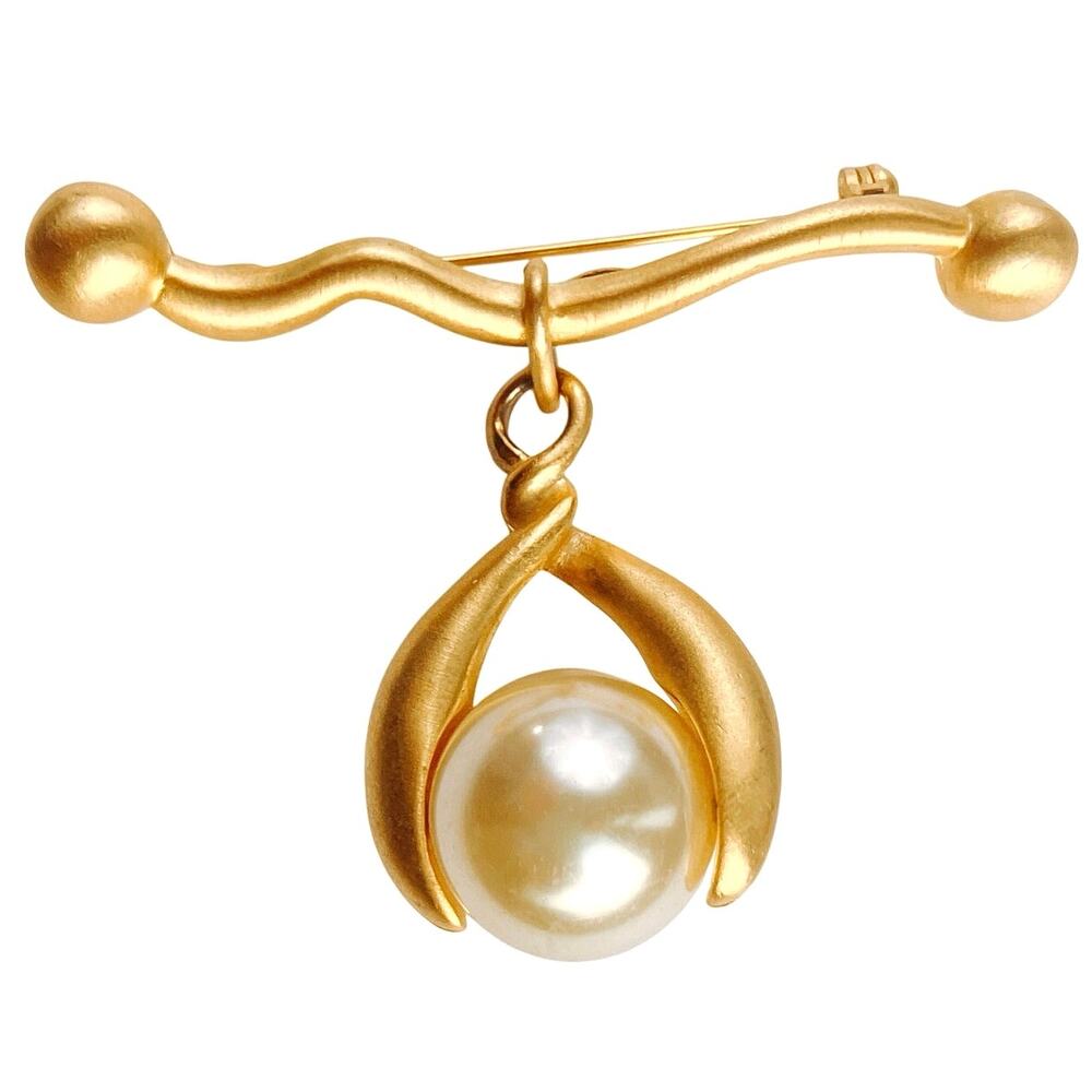 VTG Signed DHT Modernist Gold Tone Brooch w/ Large Faux Pearl Drop Dinah Taylor